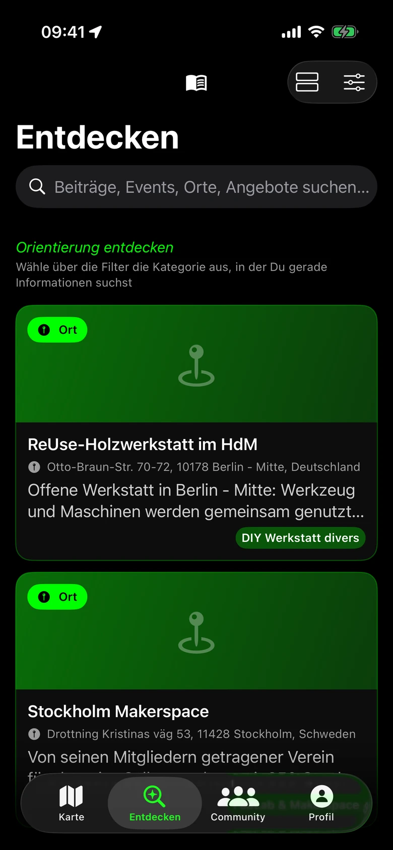 Die Seite „Entdecken“ der FLIZZBEE App mit Suche und Orten