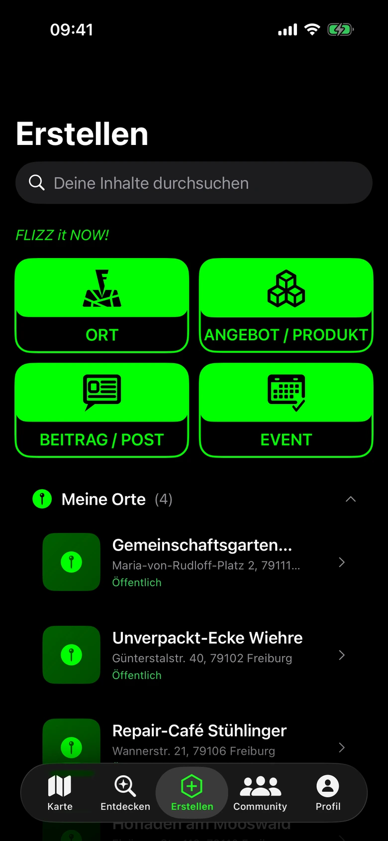 Die Seite „Erstellen“ der FLIZZBEE App mit den Knöpfen Ort, Angebot, Beitrag und Event